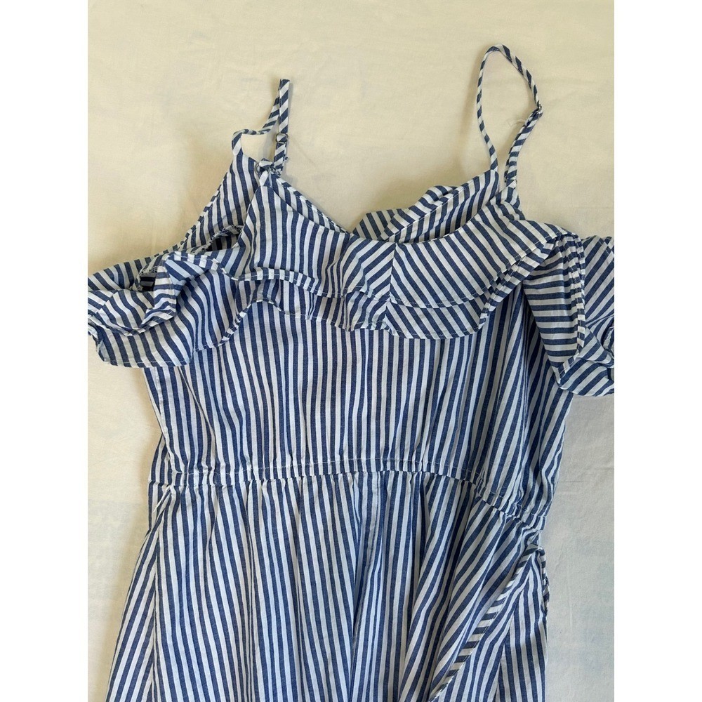 Blue White Striped Ruffle Cold Shoulder Midi Dress with Pockets and Belt
