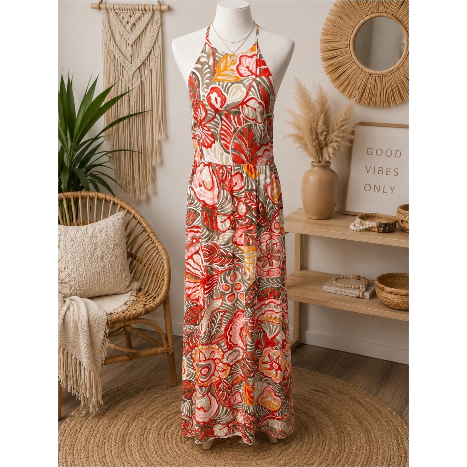 LOFT Dress Size 6 Floral Maxi Dress in Coral, Pink & Olive