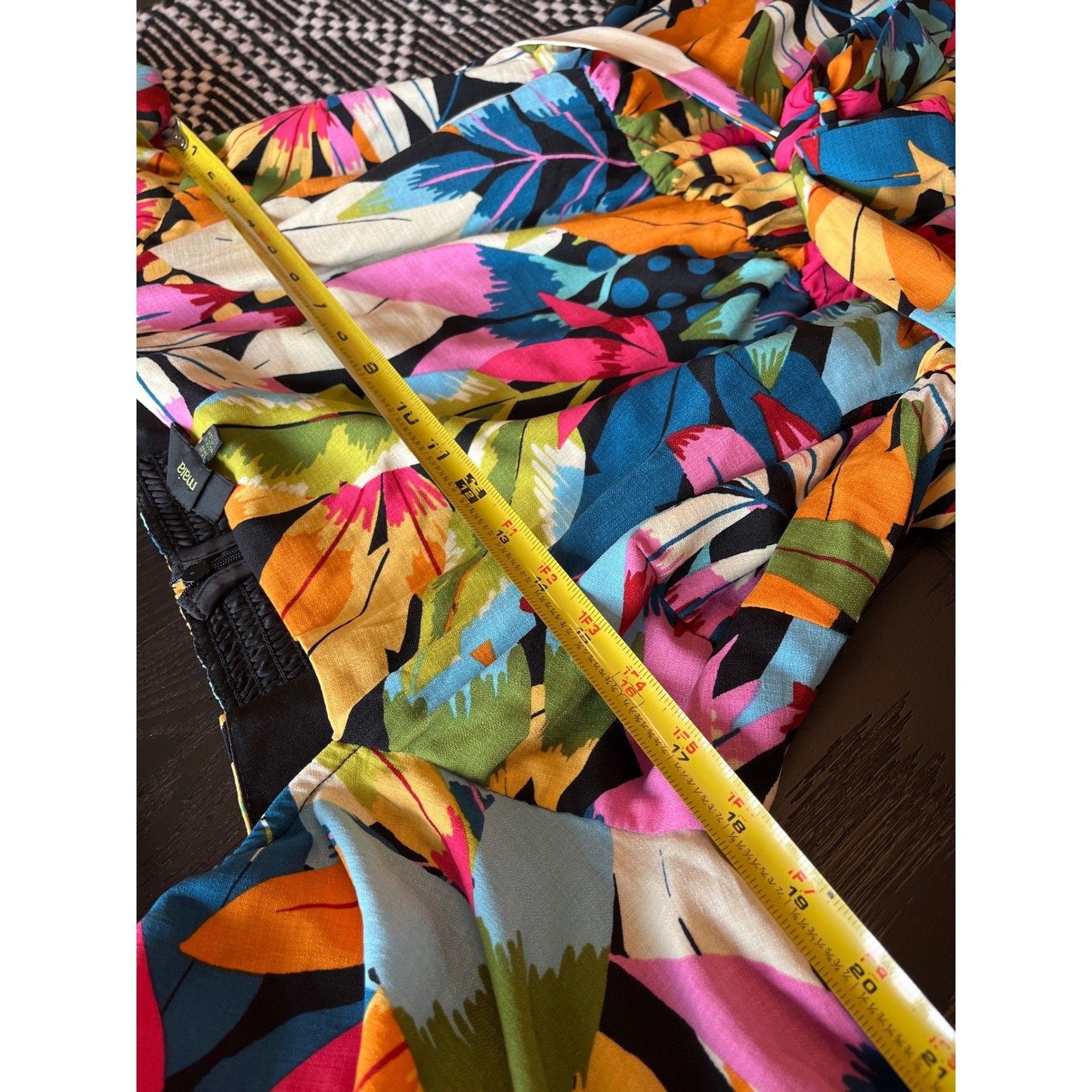 Maia Tropical Leaf Print Midi Dress Size 14W Puff Sleeve Smocked Back Belted