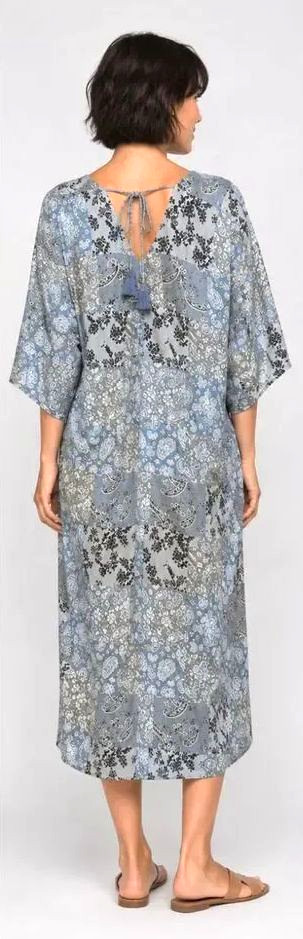 New GIGIO Size L 12 14 Patchwork Print Twist V Neck Midi Dress Back Tassel Tie