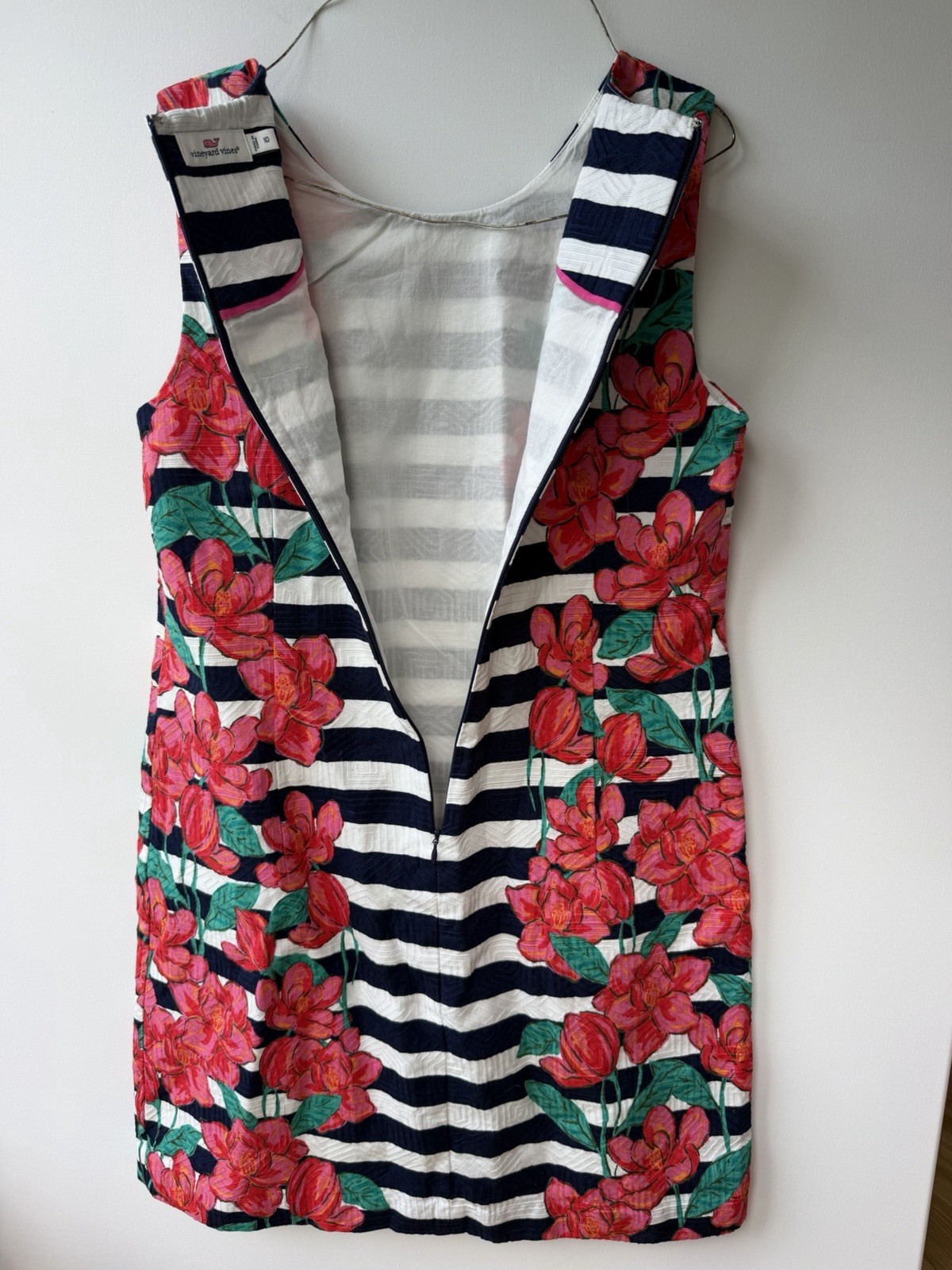 Vineyard Vines Floral Stripe Shift Dress Womens 10 Pink Blue Sleeveless Cotton