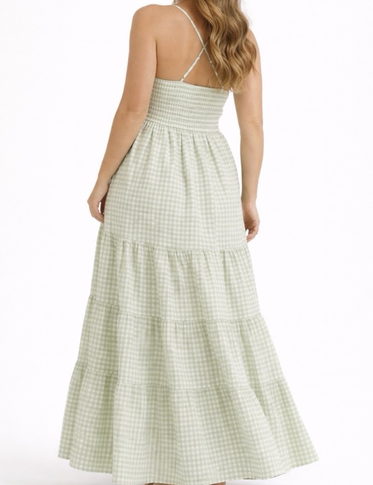 Altar’d State U166 Sage/Ivory Gingham Smocked Tiered V-Neck Maxi Sundress Size L