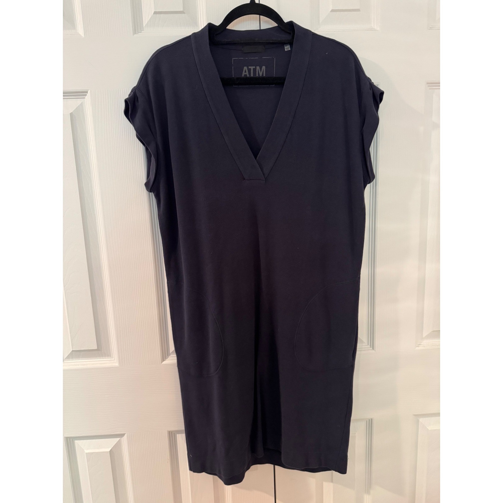 ATM Anthony Thomas Melillo Navy Pima Cotton V-Neck Pocket T-Shirt Dress XS