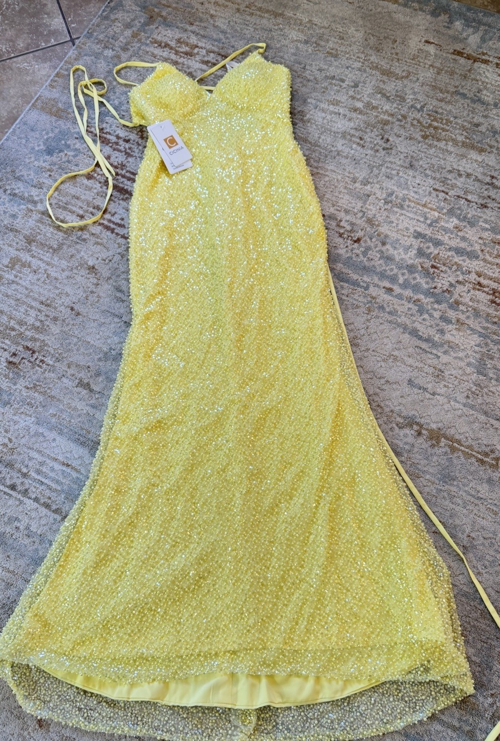 Cicinia V-Neck Daffodil Spaghetti Straps Prom Wedding Sequin Yellow Gown New