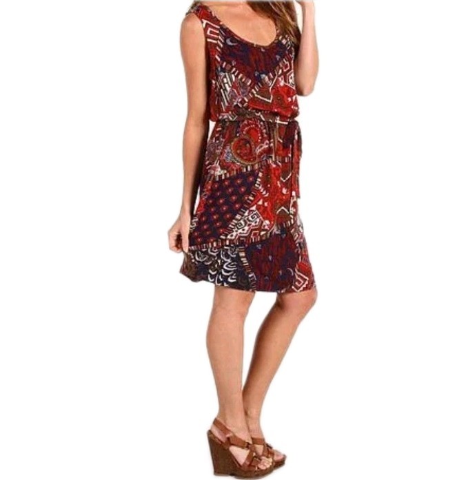 Lucky Brand NWT Patchwork Print Sleeveless Tie Waist Sz M Dress Boho Rayon