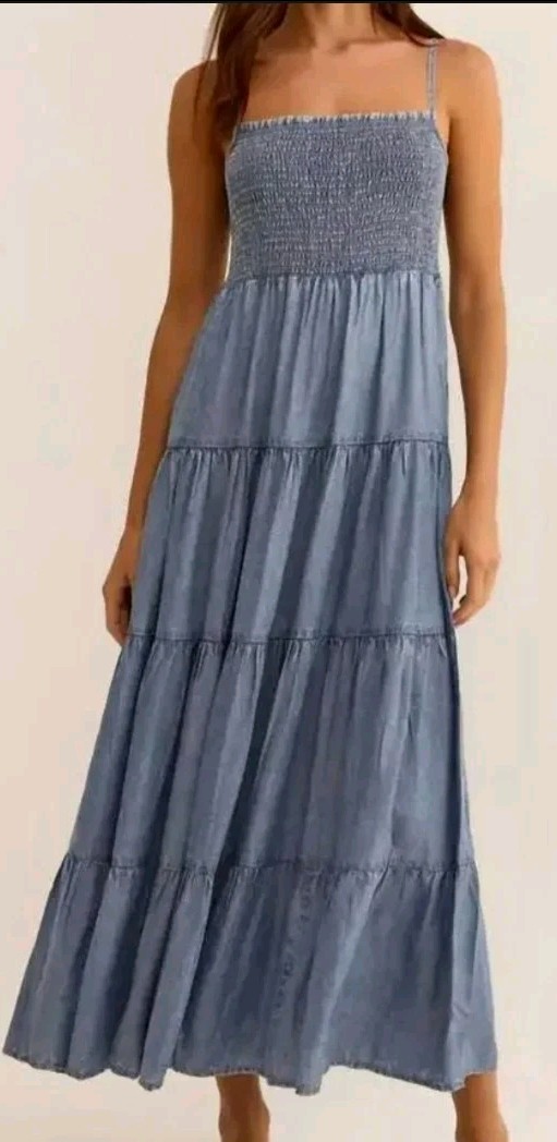 Z Supply Balos Washed Chambray Midi Dress L Smocked Spaghetti Strap Cottage NWT
