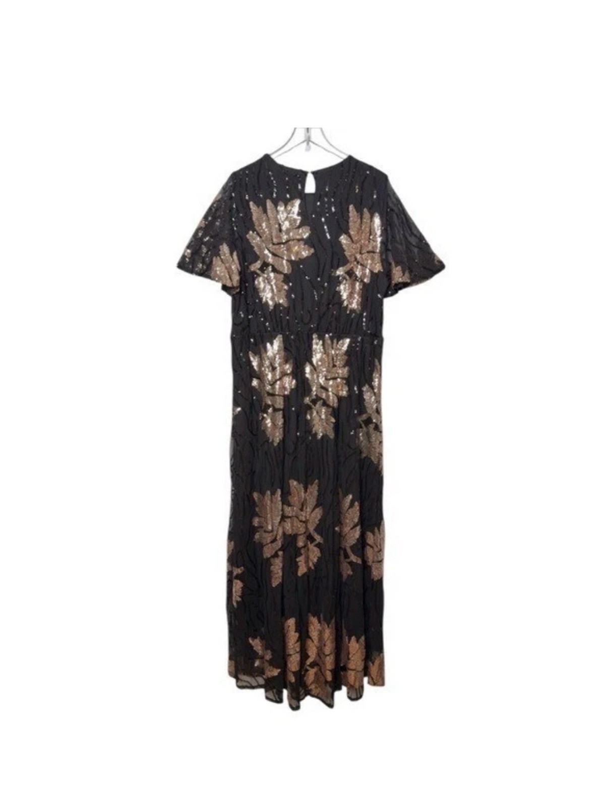 Baltic Born Sequin Floral Mesh Maxi Dress Black/Gold Flutter Sleeve Sz 3XL