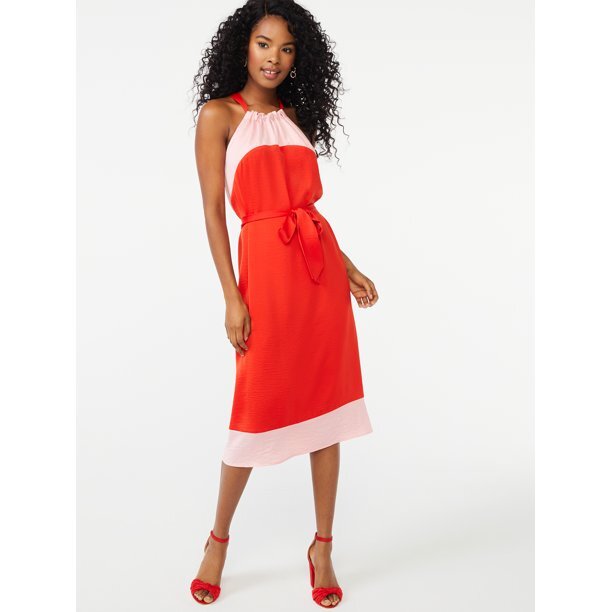 Scoop Women’s Halter Top Color Block Midi Dress with Tie at Waist, Small 4-6