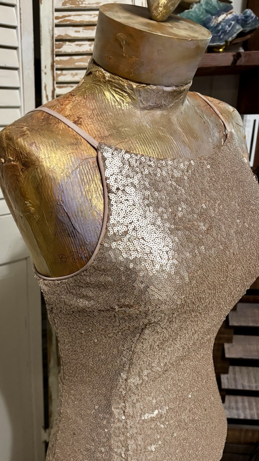 Lulu’s Rose Gold Sequin Sleeveless Open Back High Neck Formal Maxi Gown S