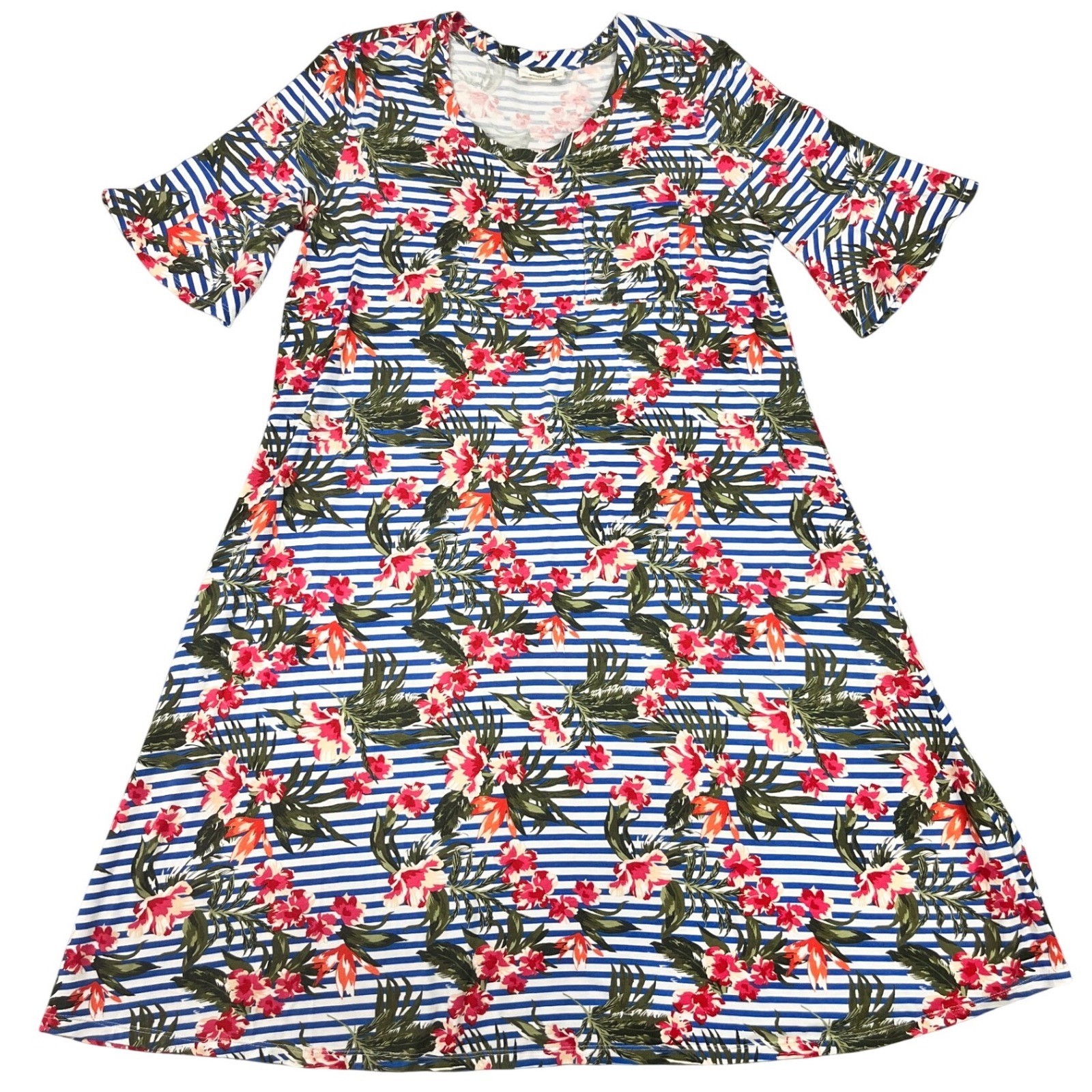 Westbound Blue White Striped Tropical Floral Ruffle Sleeve T-Shirt Dress Medium