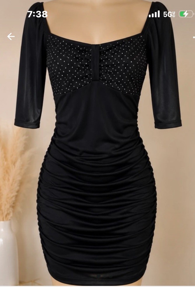 Women’s Black Ruched Bodycon Dress Rhinestone Bust Square Neck 3/4 Sleeve M