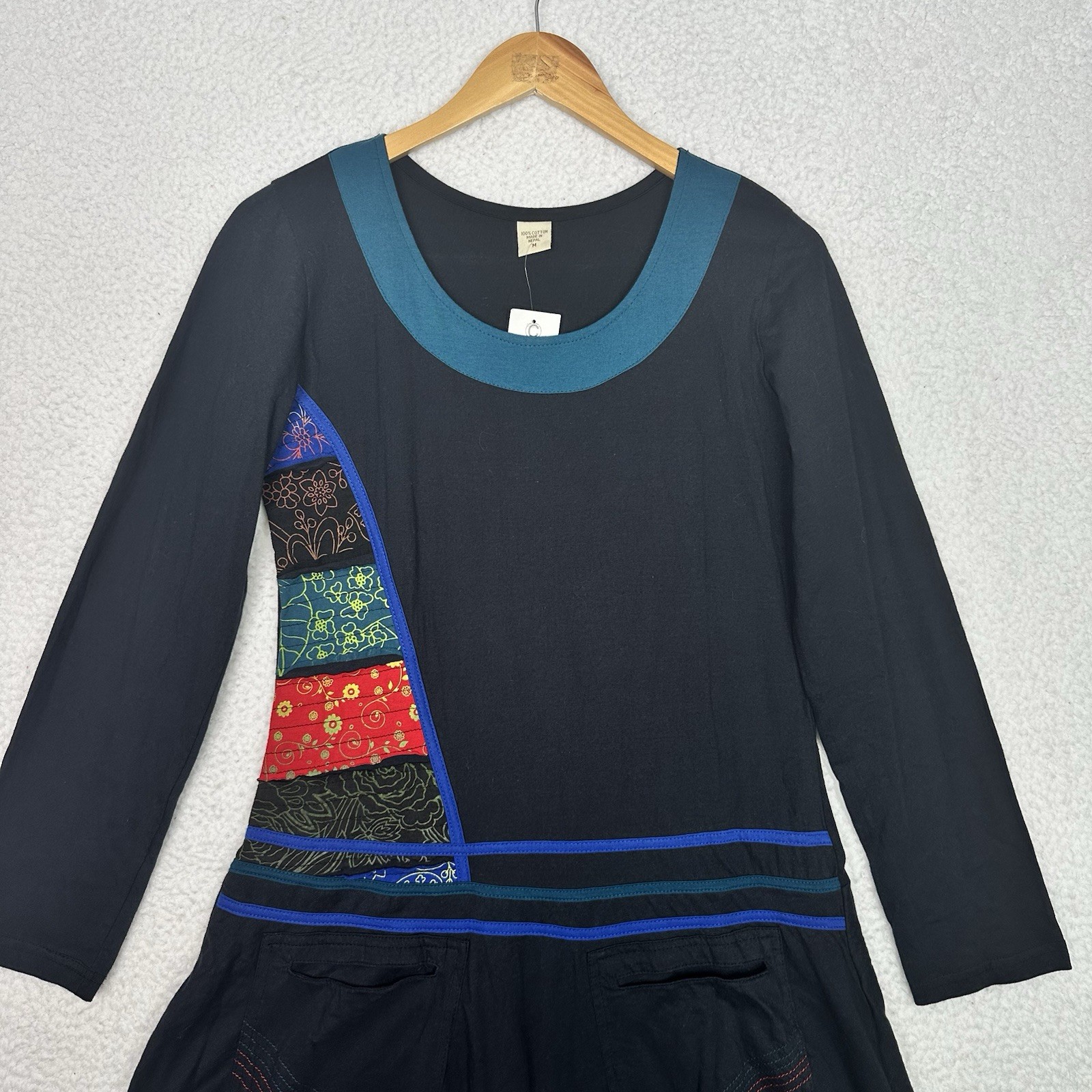 NWT Handmade Nepal Cotton Patchwork Handkerchief Hem Tunic Dress Long Sleeve M