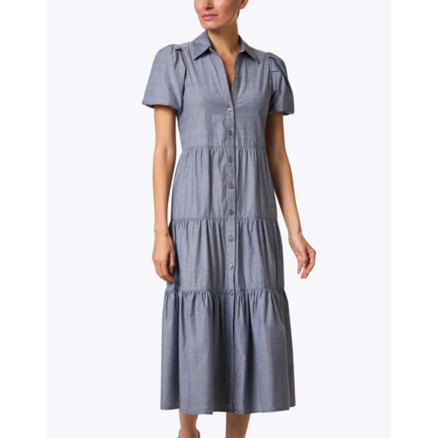 Brochu Walker Havana Dress Grey V-neck Tiered Maxi Puff Sleeve Button Front L