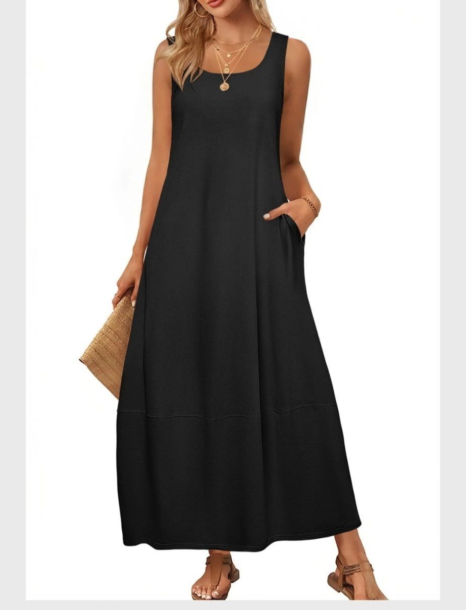 Merokeety Black Small Sleeveless Maxi Dress Cotton Blend Pockets Casual Beach