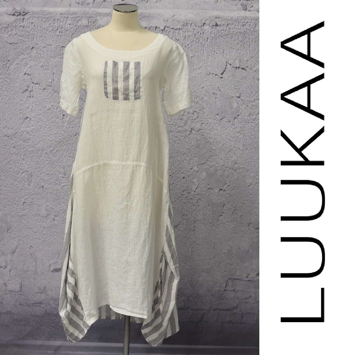 LUUKAA Linen 8Y0524 Lagenlook Light Linen STRIPE POCKET DRESS (sizes 6-10) WHITE