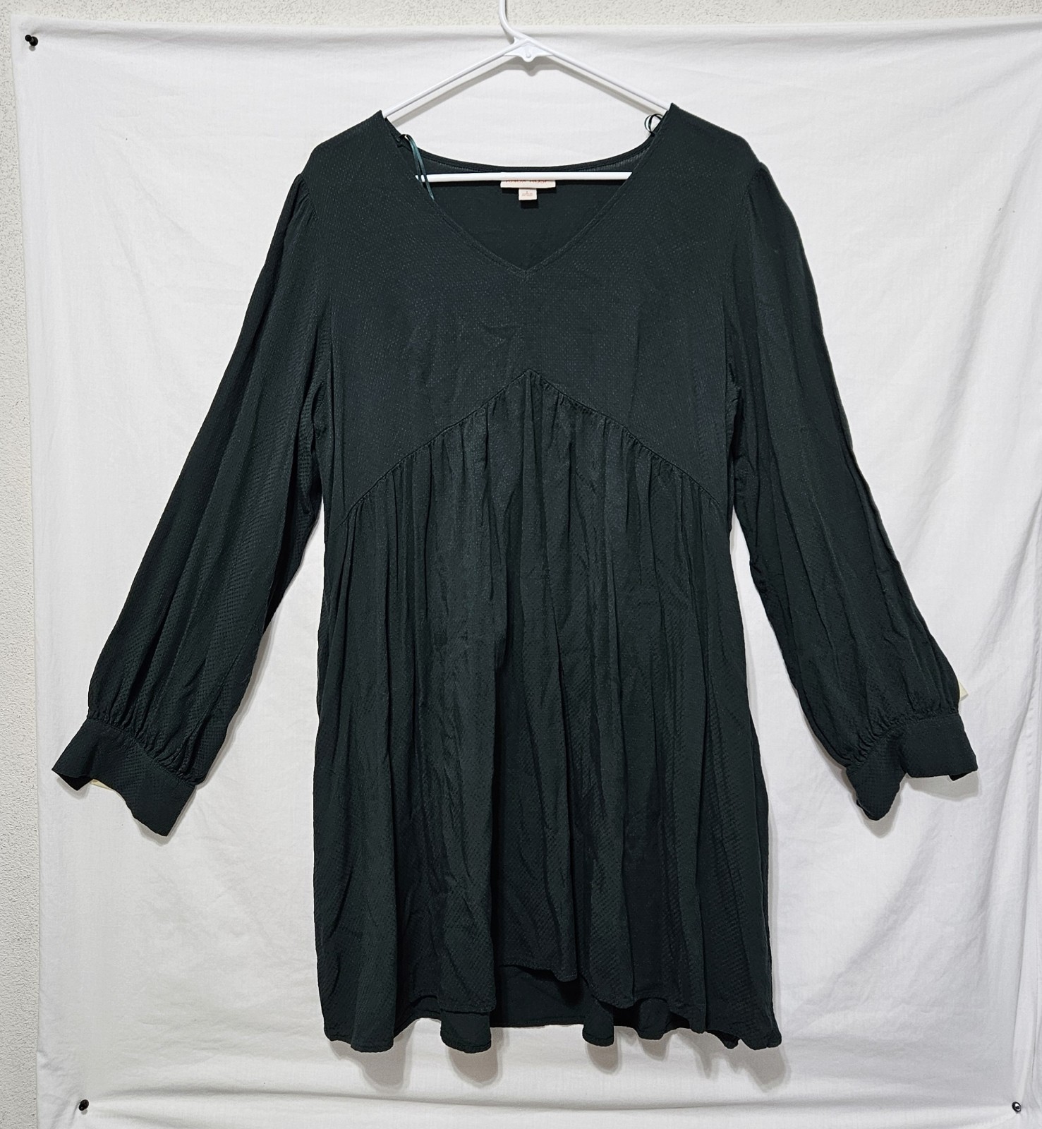 Knox Rose Green Textured Babydoll Mini Dress L Long Sleeve Boho Cottagecore V-Ne