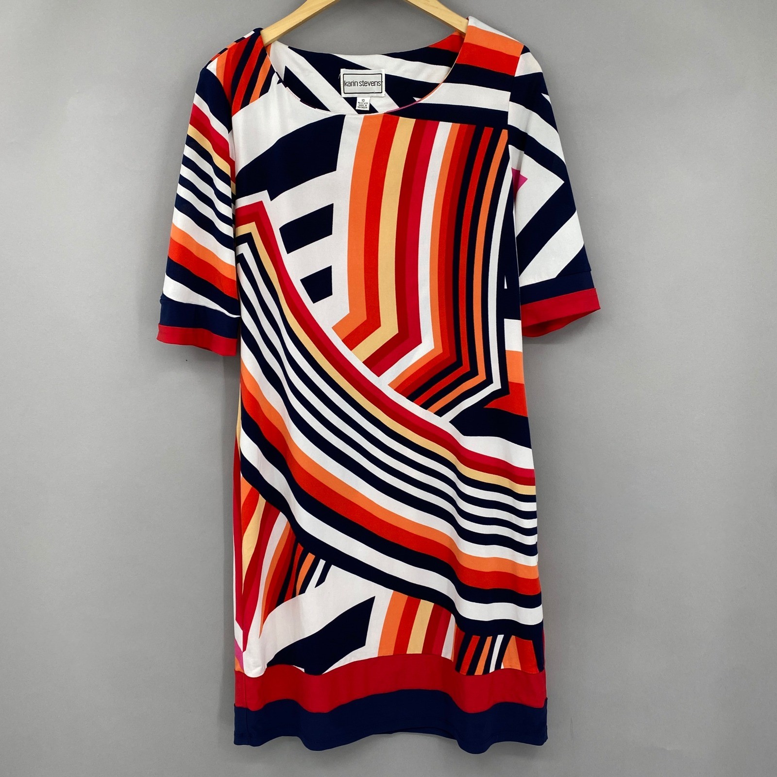 Karin Stevens Geometric Abstract Print Sheath Dress Womens Sz 10 Red Navy y2k