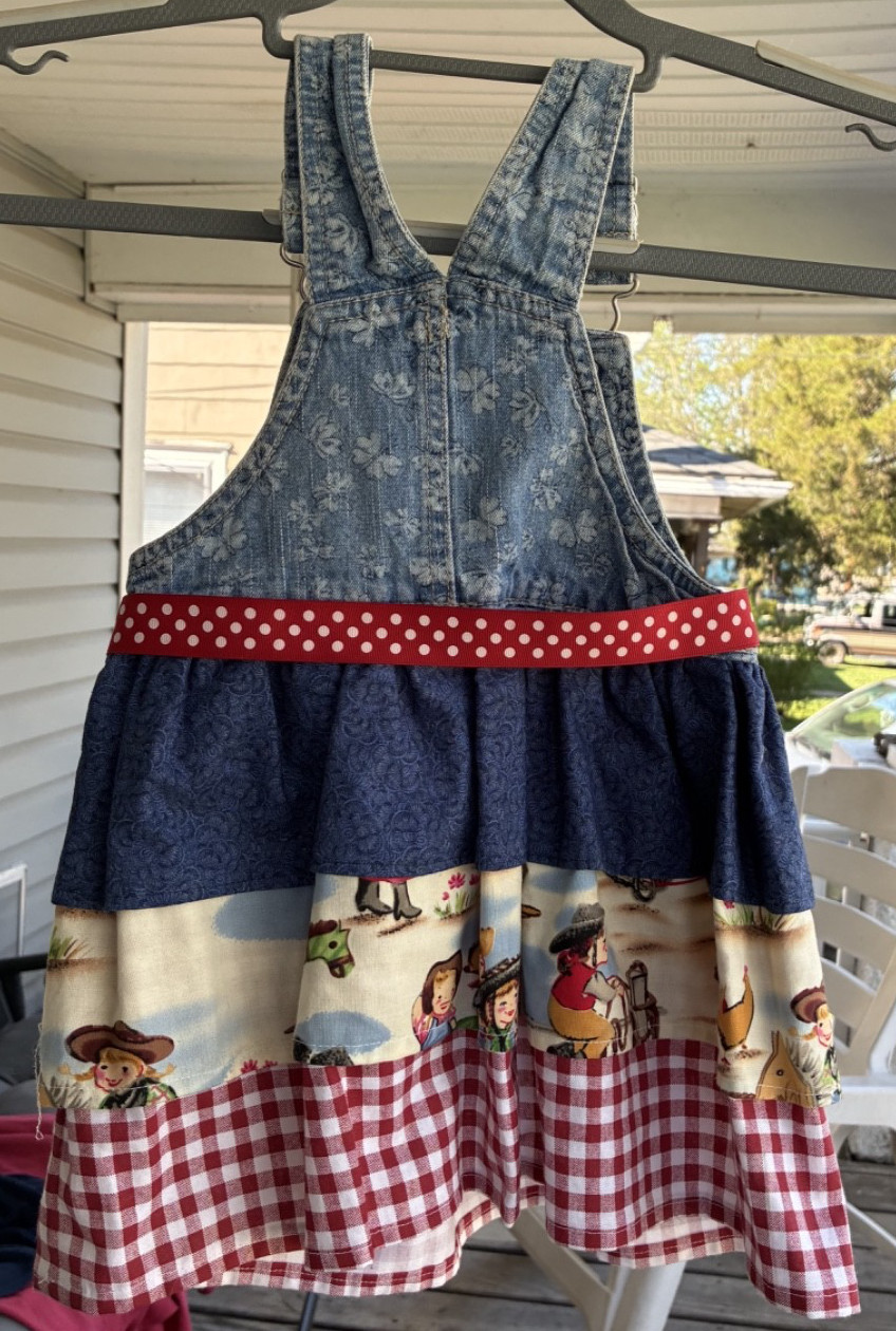 Upcycled Denim Overall Bodice Into Jumper Dress Cowgirl Print Toddler Size 2-3