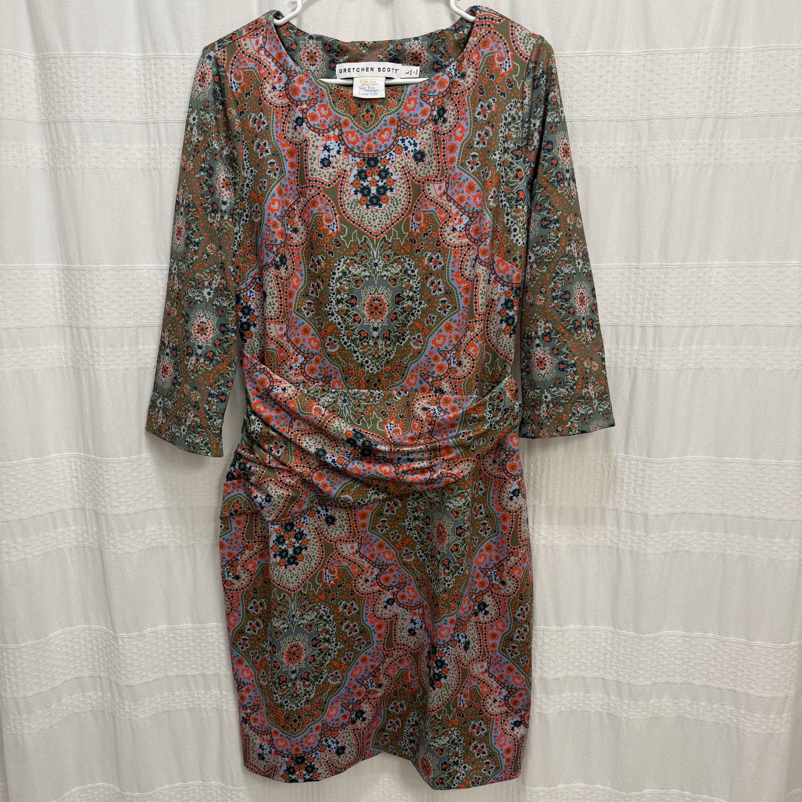 Gretchen Scott Rouched Waist Paisley Dress Women’s Large Performance UPF Green