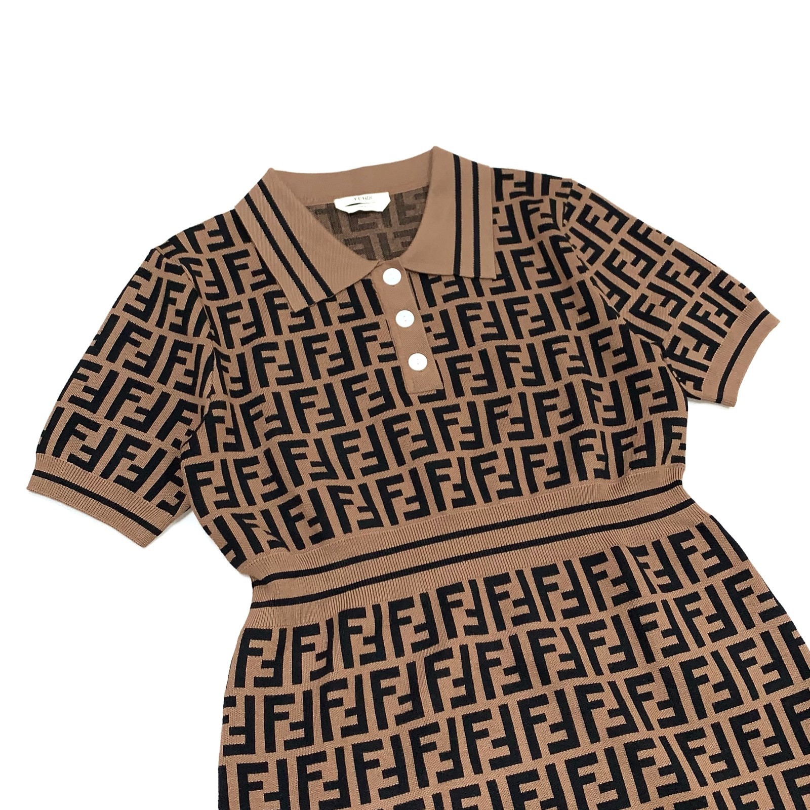 Fendi Zucca FF Monogram Logo Knitted Polo Stretched Dress Brown 38 (S) Size