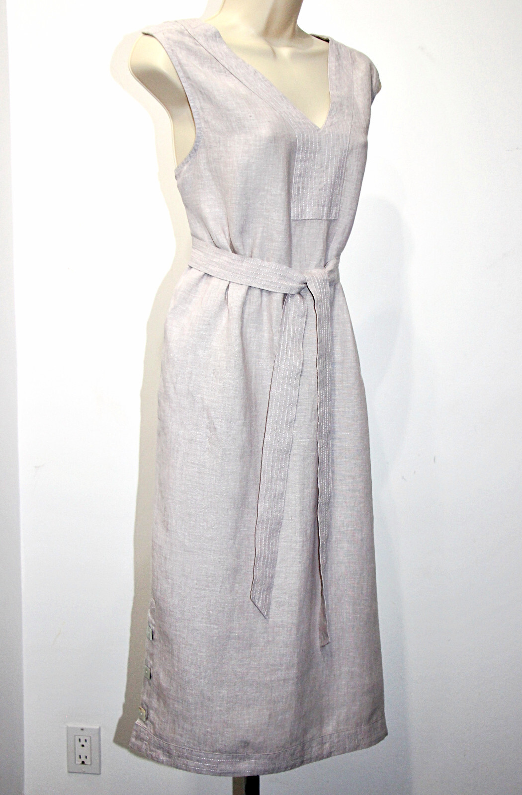 TAHARI 100%Linen Button-Side-Slits Pockets Belted Midi Dress in Light Grey sz XL