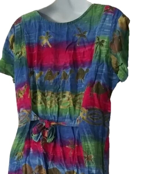 Vintage Batik Dress M Flowy Rayon Boho Hippie Festival Midi Sundress Elephants