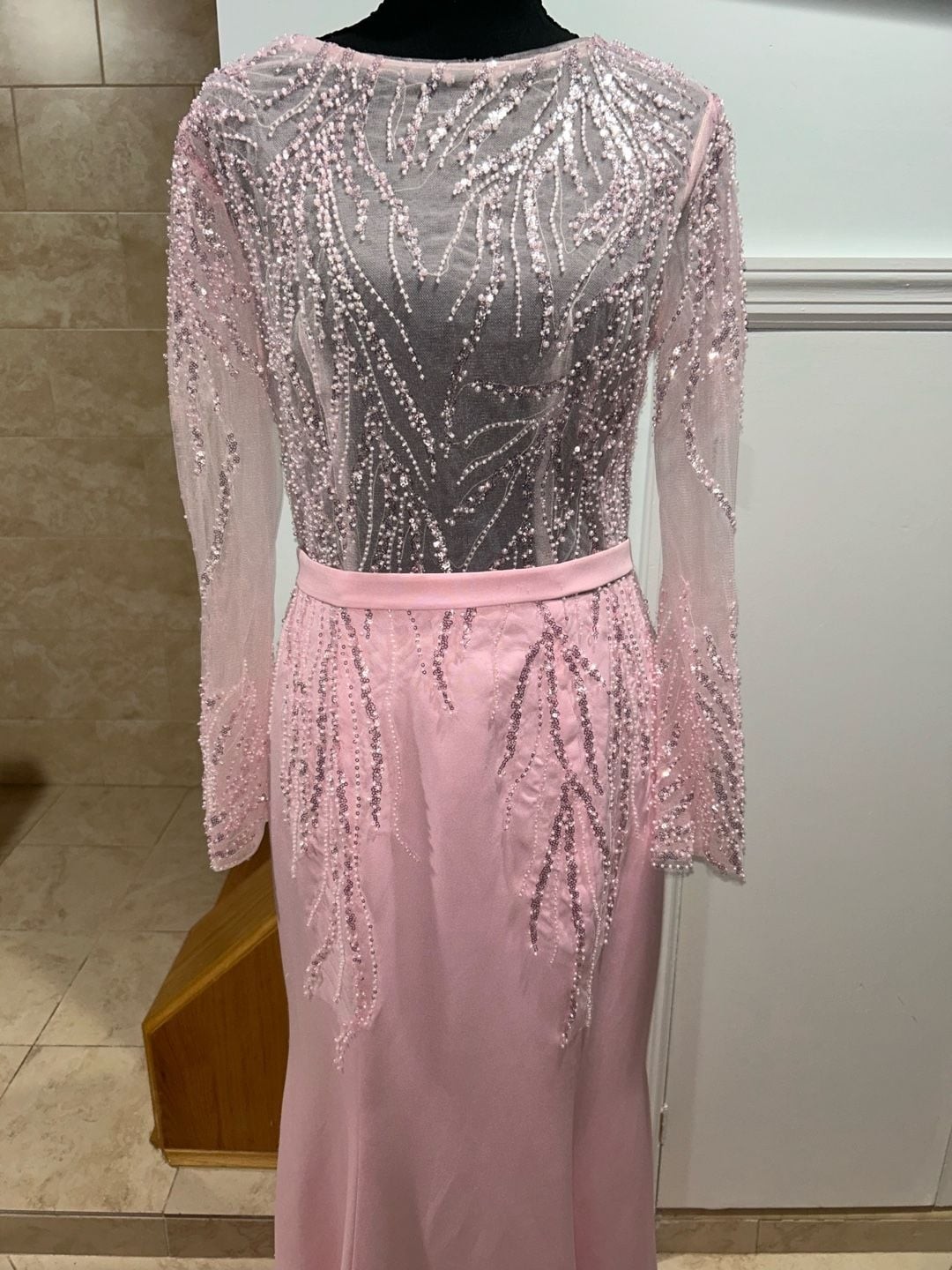 Pink Beaded Linear Cascading Long-Sleeve Mermaid Gown