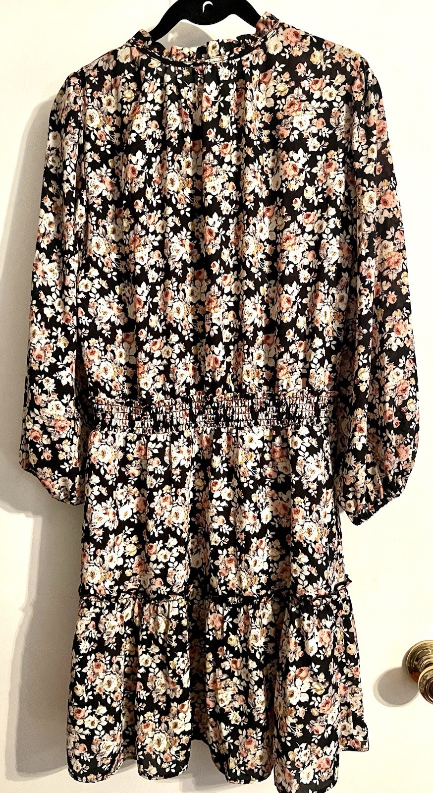 Drew Black White Pink Floral Long Sleeve Tie Neck Smocked Short Dress XS