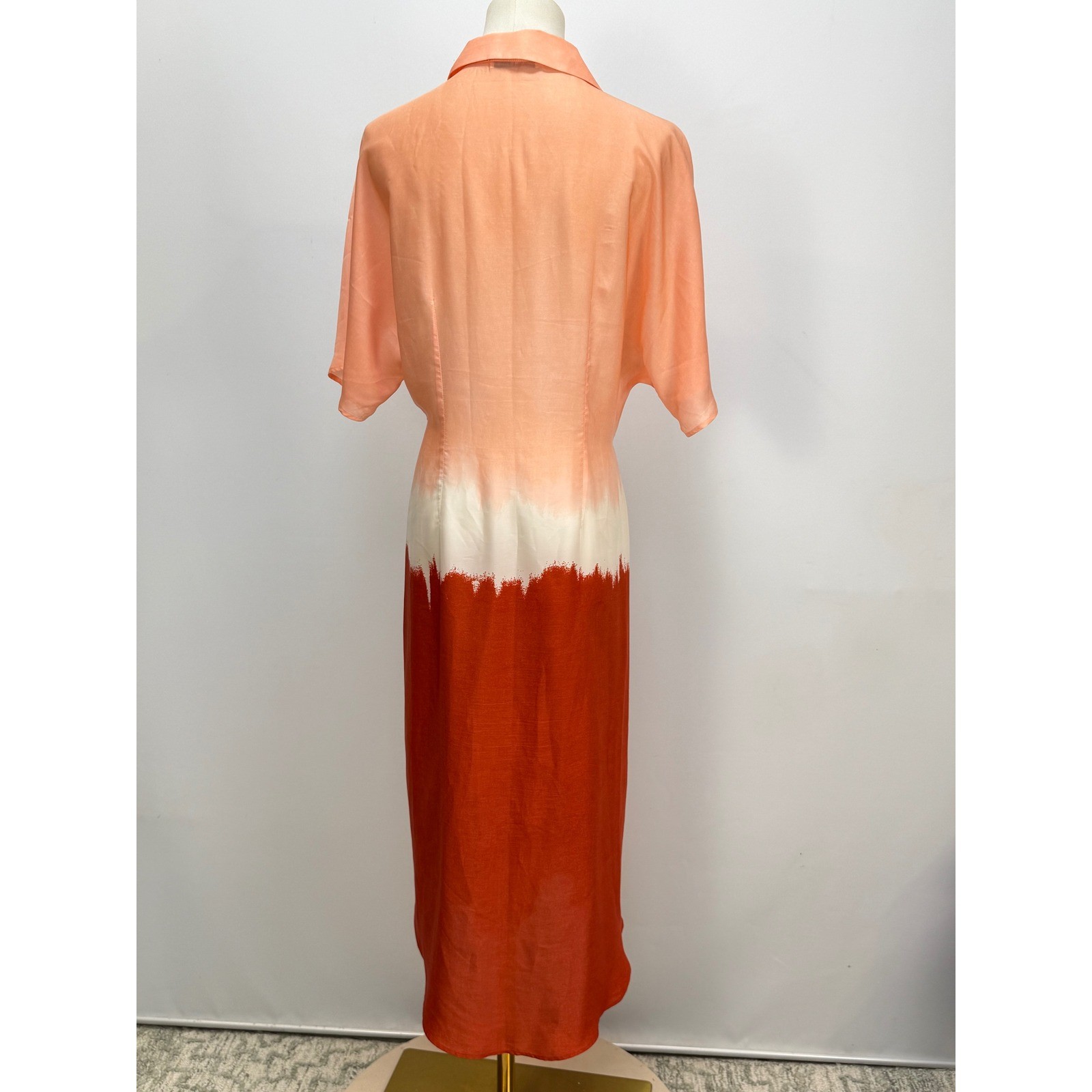 Anthropologie Mango Tie-Front Dip-Dye Midi Shirt Dress Peach Orange Rust Ombre