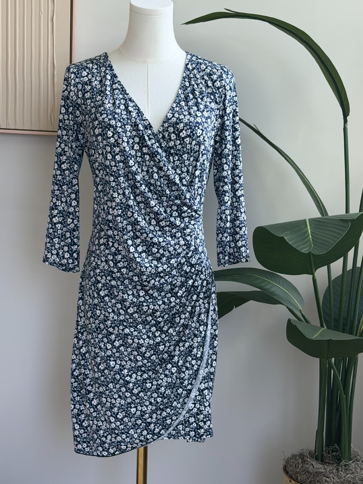 Cache Cache Faux Wrap 3/4 Sleeve Dress Size M (40 UK) Blue and White Flowers