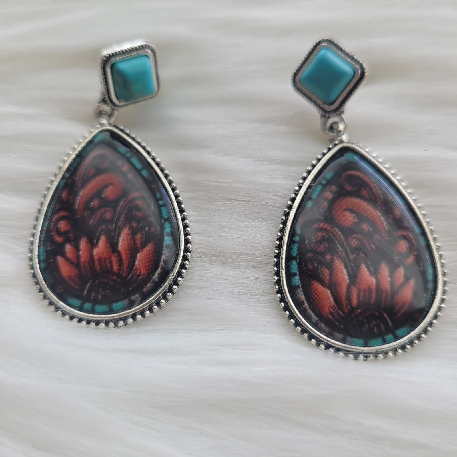 Water Drop Sunflower Post Dangle Earrings Synthetic Turquoise Western Boho