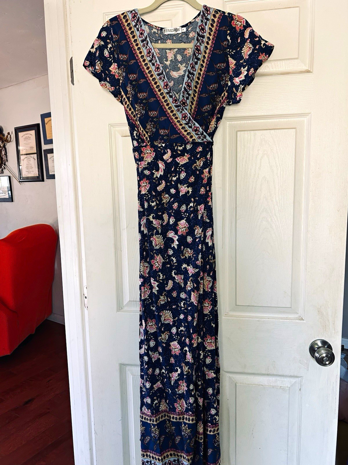 TEMOFON S Woven Rayon Floral Blue Pink White V-Neck Short Sleeve Wrap Maxi
