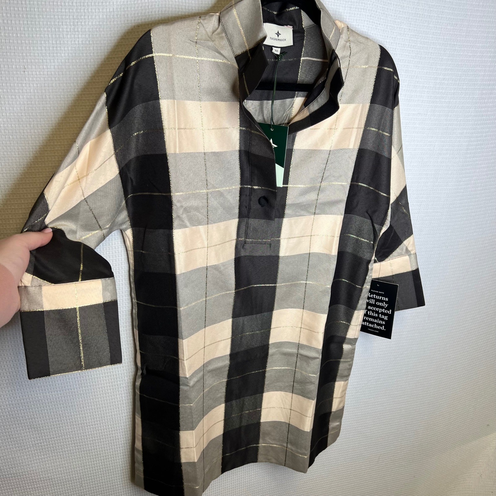 Tuckernuck Metallic Plaid Tunic Top Black Gold Cream NYAP-34-D758 Womens XS NEW