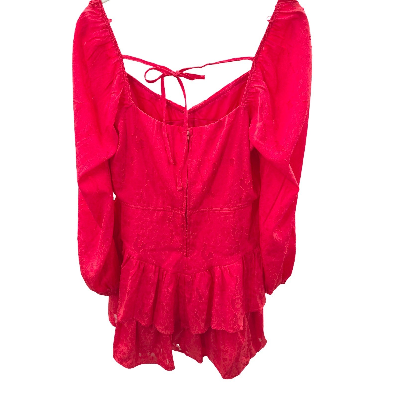 Francesca’s Red Jacquard Dress Size XL Long Sleeve Sweetheart Neck Ruffle Hem