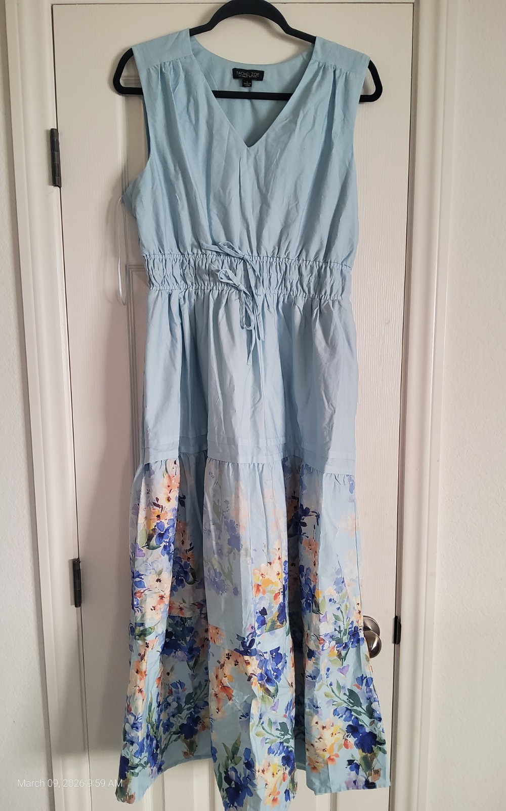 Rachel Zoe Baby Blue Floral Cotton Rouched Maxi Dress Sz L