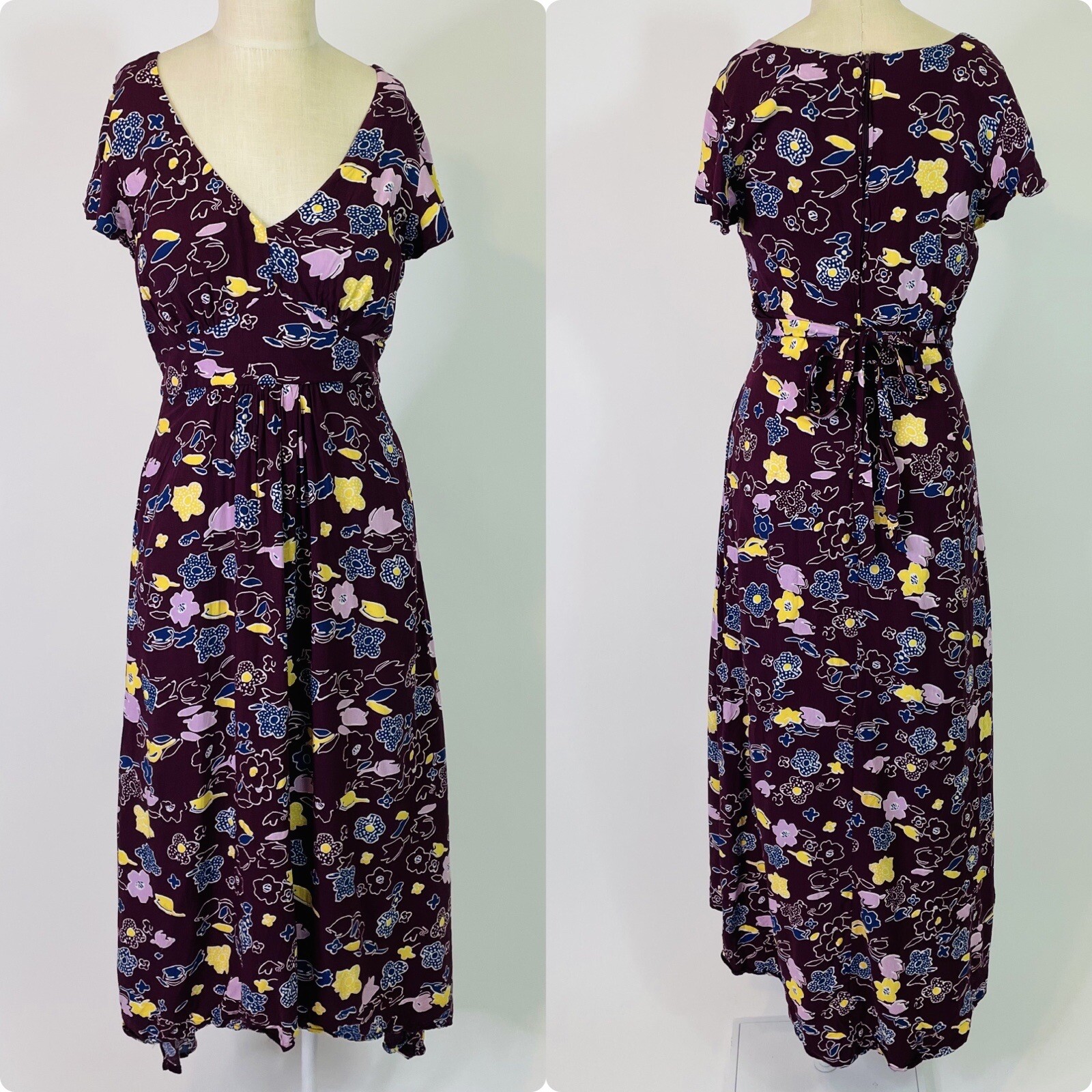 ModCloth Purple Floral Flattery Maxi Dress Medium Womens High Low Pockets Empire