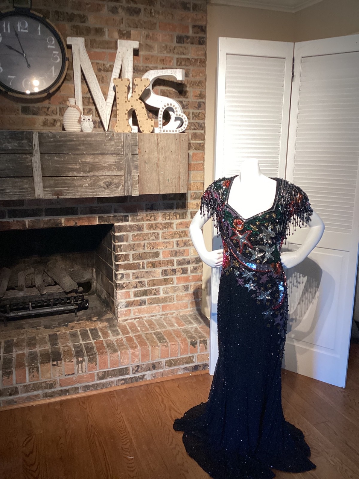 Vintage Oleg Cassini Black Tie Silk Beaded Sequin Gown Fringe Dress Sz 4