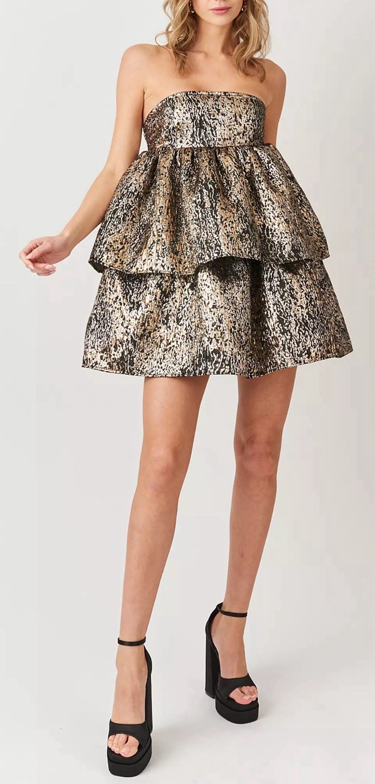 NWT Amylynn Sara Strapless Brocade Ruffle Mini Dress Gold Metallic Size L Large