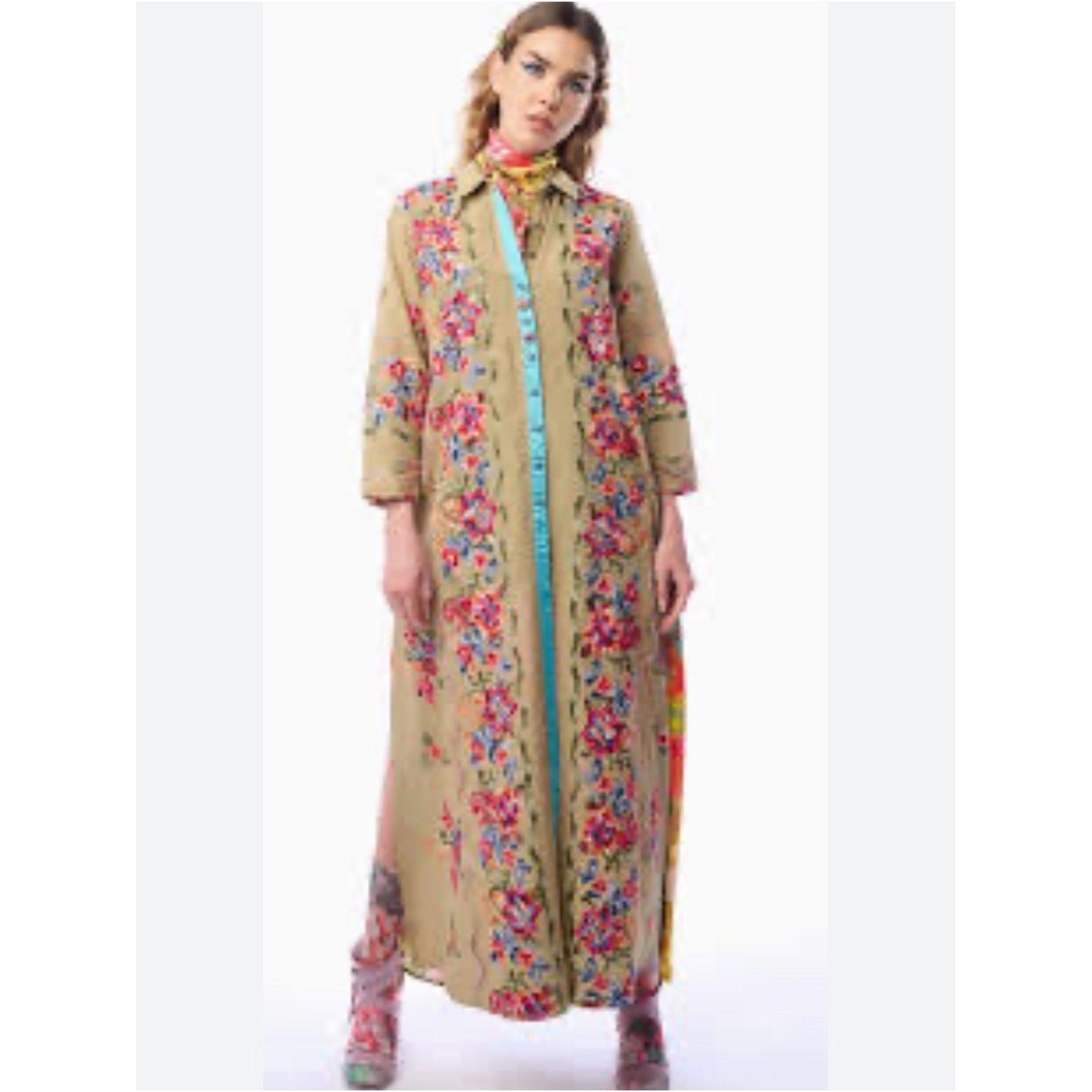 Aratta Boho Embroidered Khaki Duster / Maxi Dress Peacock Floral Festival JW