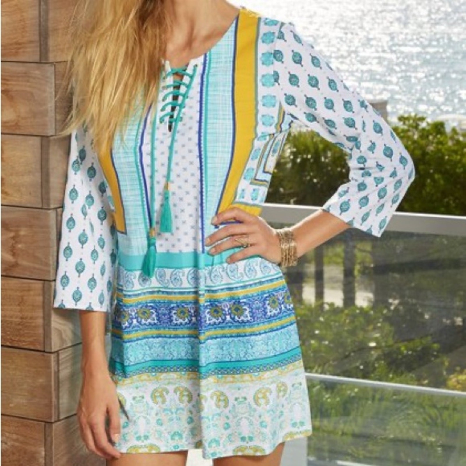 Cabana Life Dress 3/4 Sleeve Lace Up Top Tassel Blue Yellow Green Paisley Large