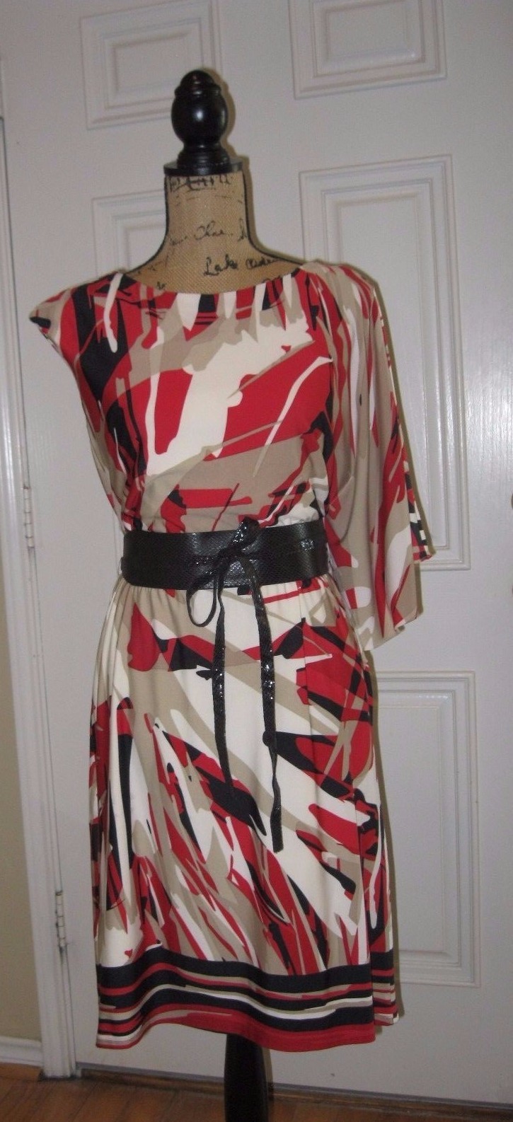 NWT ~ Chetta B Belted Graphic Print Batwing Sleeve Sheath Knit Dress ~ SZ 4