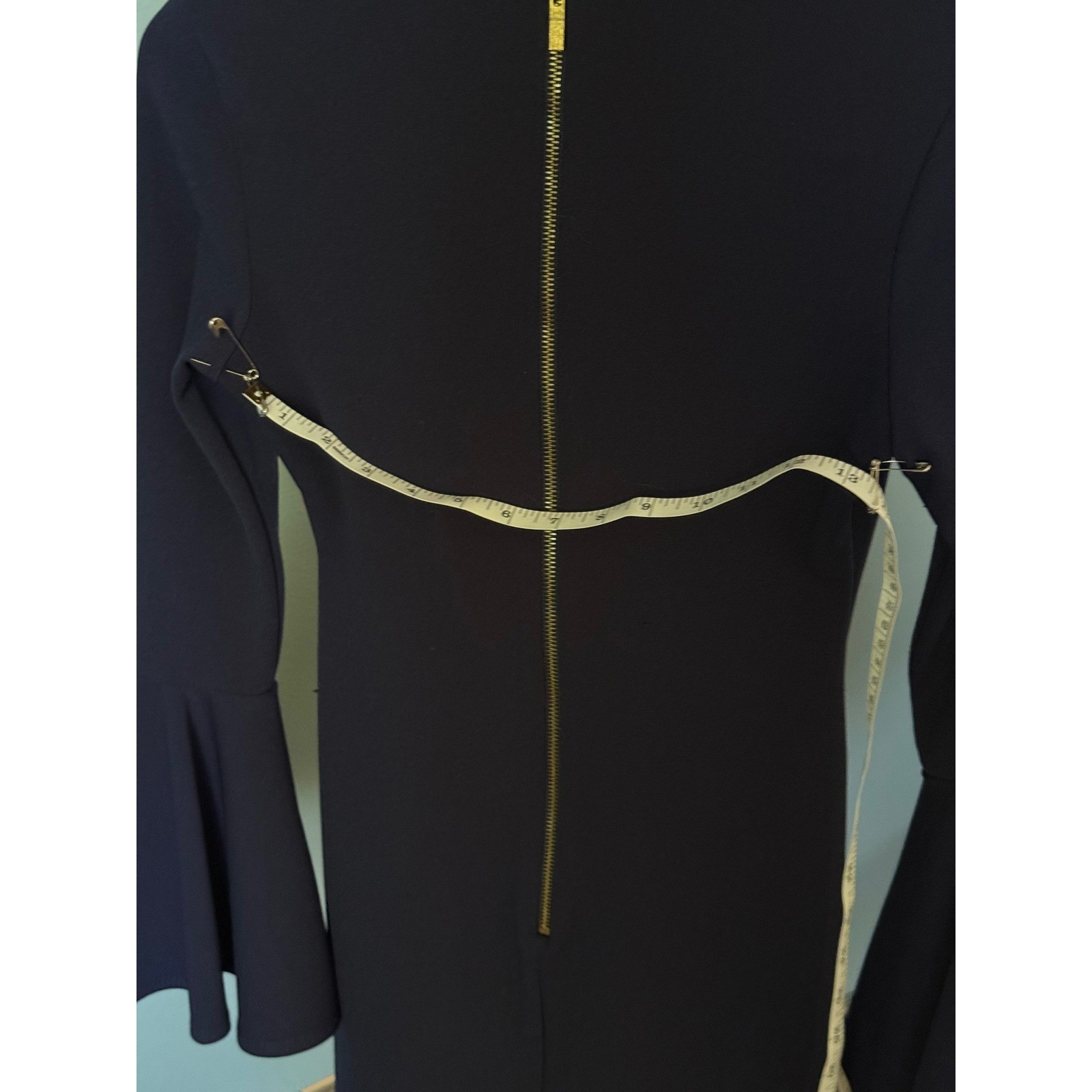 Navy Bell-Sleeve Fitted Dress Gold Accent Zip Mini Date Night Wedding Guest M