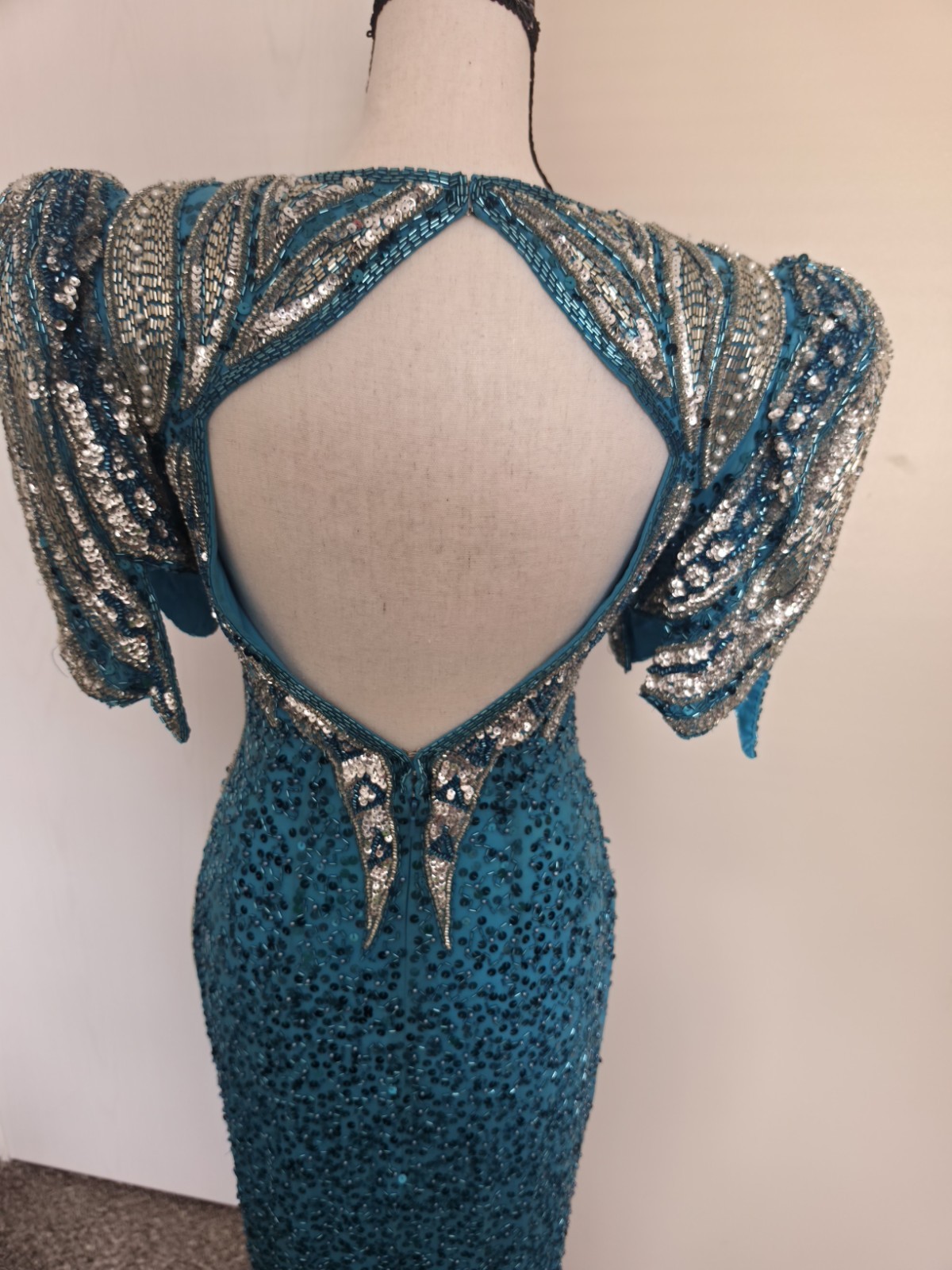 Vintage 80s 90s Alyce Designs Beaded Sequin Maxi Dress Prom Teal Blue Size 4