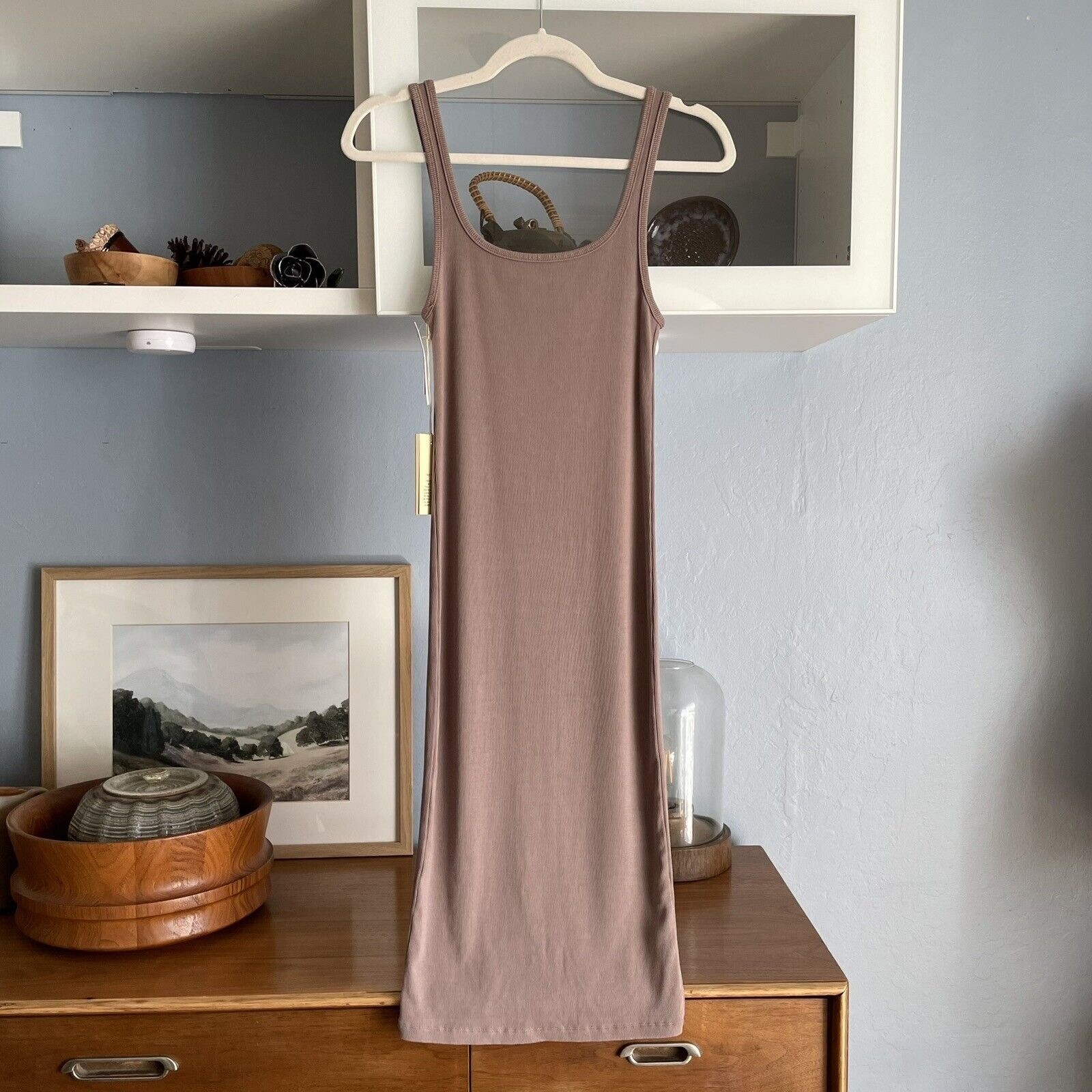 Wilfred Free Aritzia Murdock Midi Dress XS Ribbed Knit Taupe Sleeveless Bodycon
