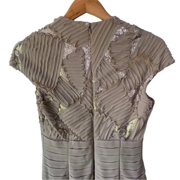 Tadashi Shoji Pleated Layered Chiffon Sequin Cap Sleeve Dress Size 4 Beige