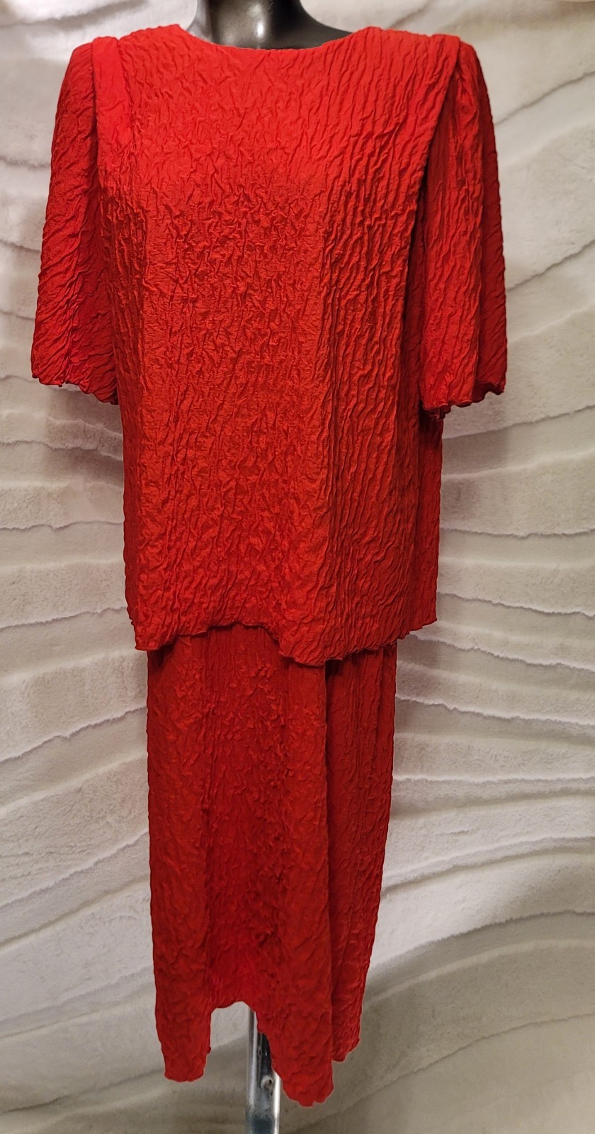 VTG Riccardo Crinkle Textured Two Piece Red Size 14.5 Large Dress Made in USA