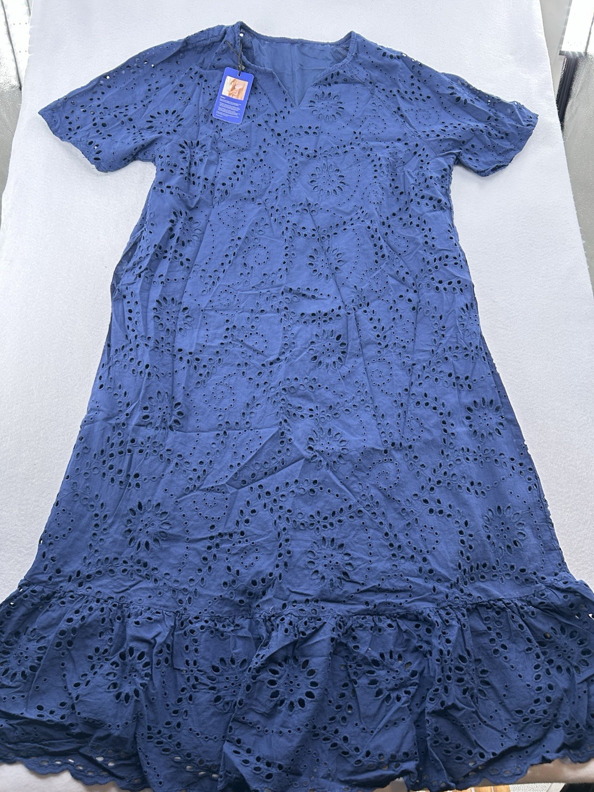 ChouYatou Women’s Navy Eyelet Cotton Midi Dress Ruffle Hem Size L NWT
