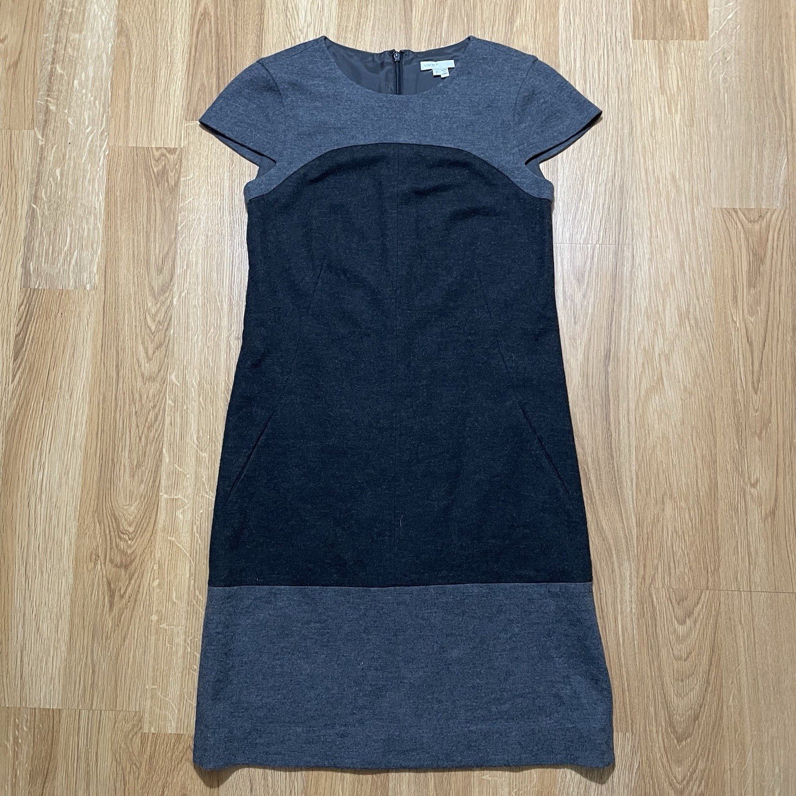 Vince Wool Shift Grey Black Color Block Dress 2 Pockets Casual Elegant Goth Chic