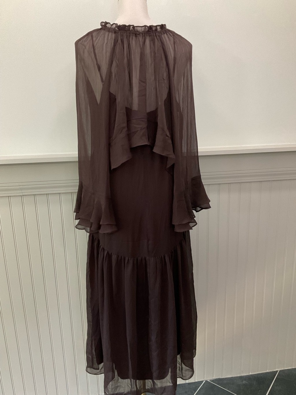 Socialite NWT Brown Chiffon Midi Dress & Sheer Bell Sleeve Overlay Set Size Med