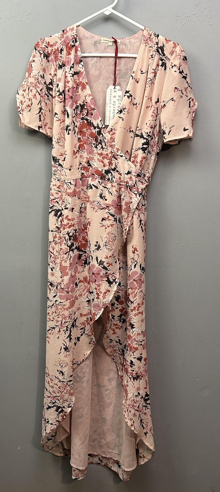 Standards & Practices Dress Womens Medium Pink Garden Floral Wrap High Low Hem